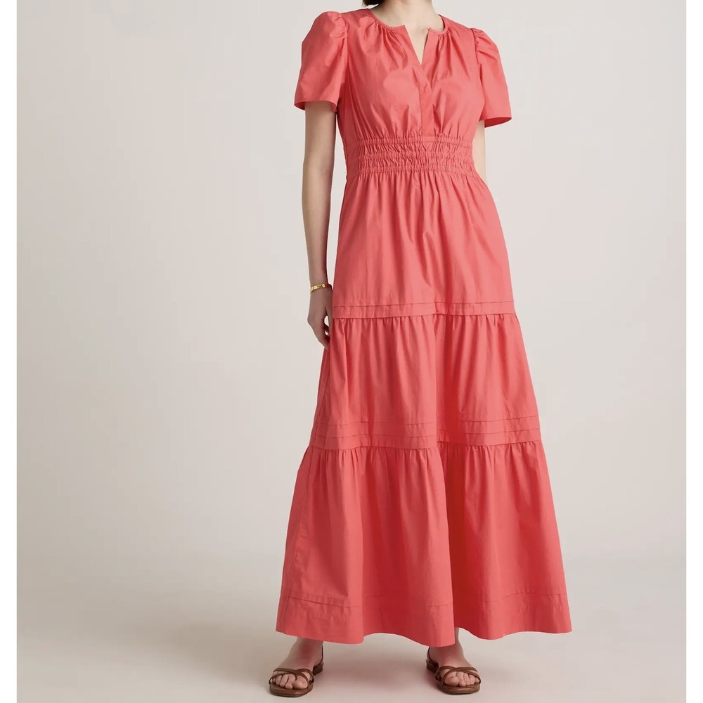 Quince Spiced Coral Organic Cotton Poplin Tiered Maxi Dress Smocked S